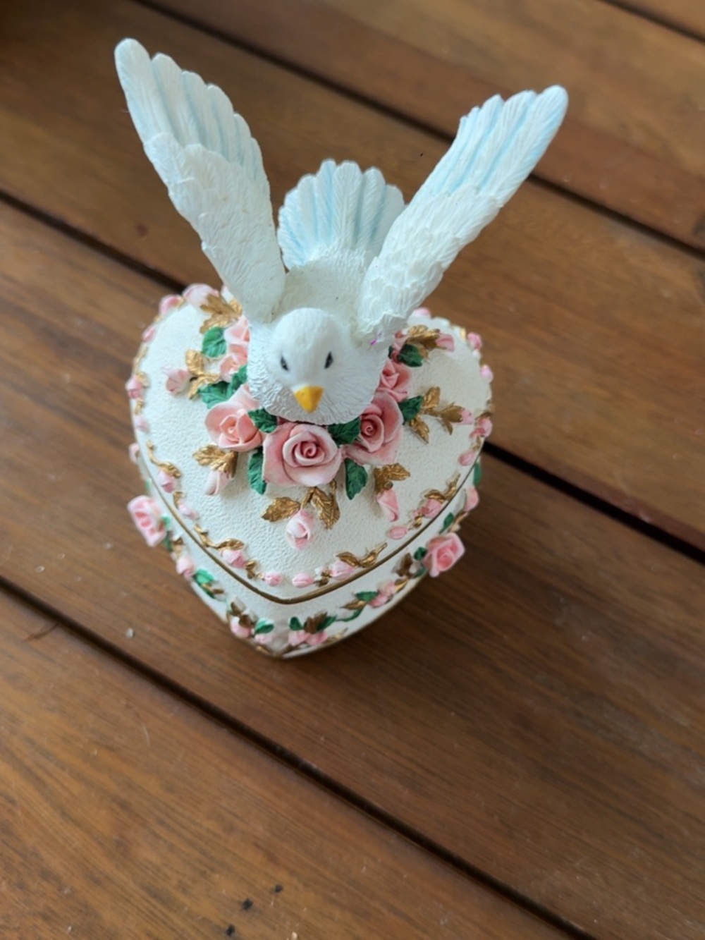 White Heart Trinket Box with Dove and Pink Roses